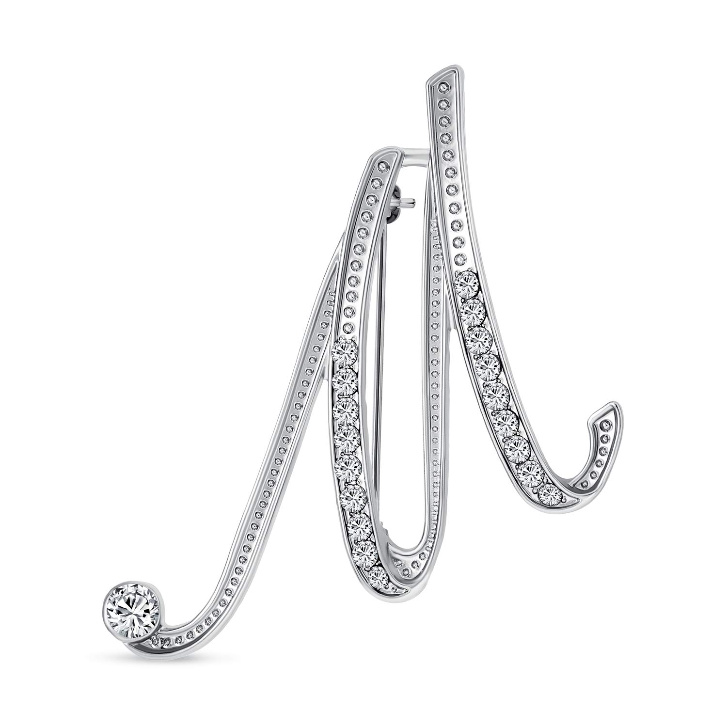 Large Statement ABC Pave Crystal Cursive Script Monogram Letters Alphabet Initial M Scarf Lapel Pin Brooch For Women Silver Plated