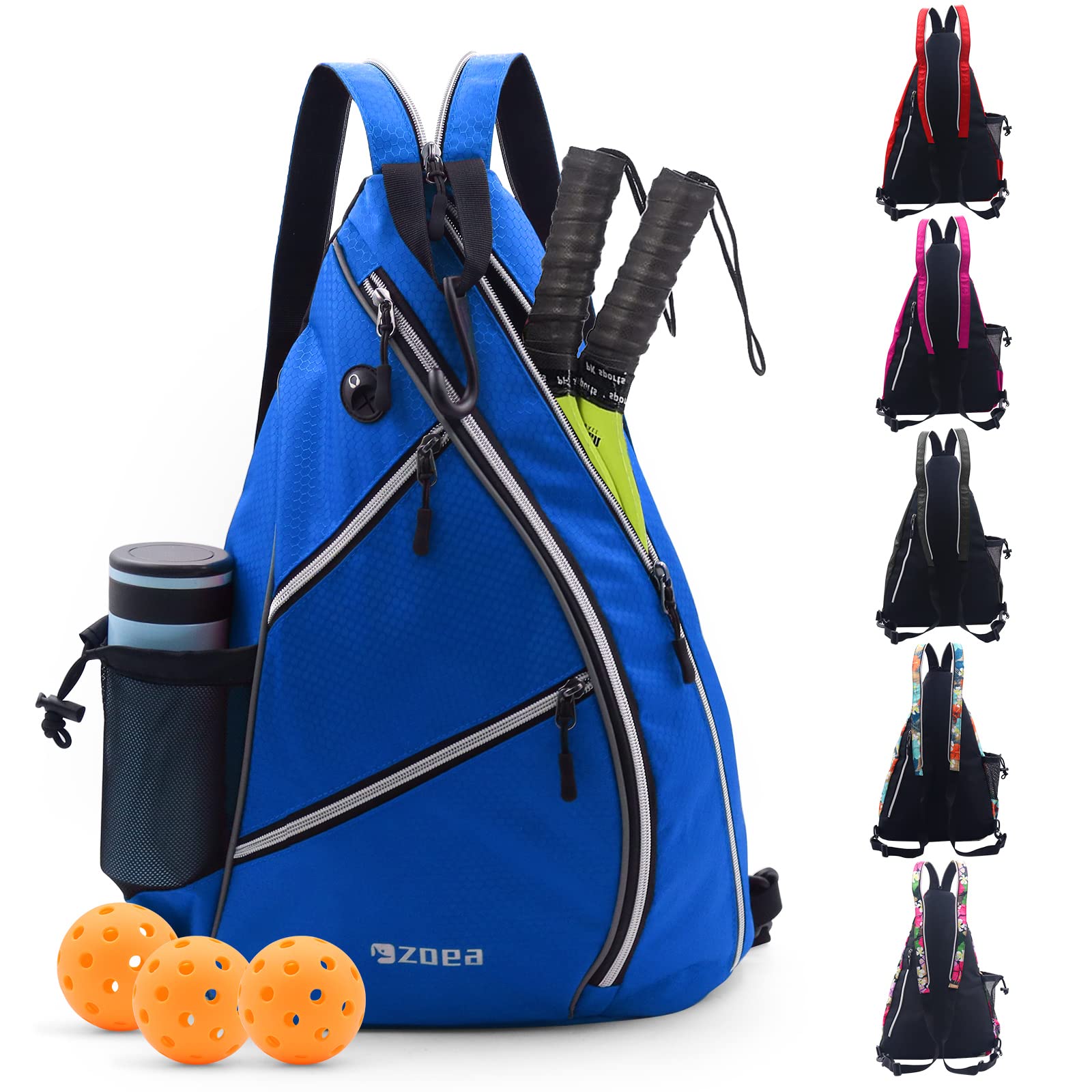 ZOEA Pickleball Bag, Sport Pickleball Sling Bag for Women Man, Adjustable Pickleball Backpack with Fence Hook Water Bottle Holder, Fits 4 Paddles and All Your Other Gear (Blue)