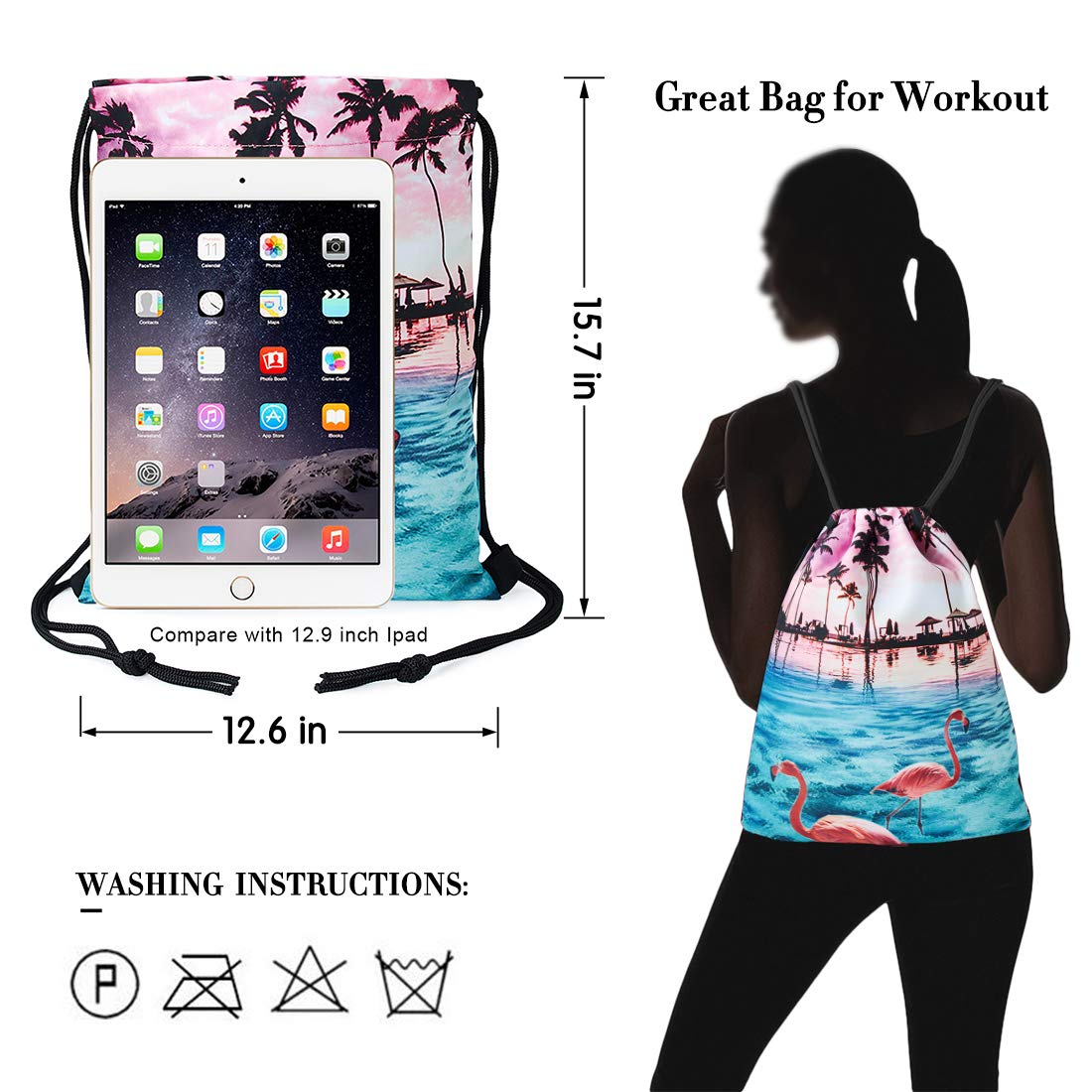 TUONROAD Childrens Travel Hiking School Drawstring Backpack 3d Custom Prints Lightweight Vacation Holiday Beach Theme Palm Tree Pink Flamingo Light Blue Seawater Sunset Glow Cute String Sack Pack