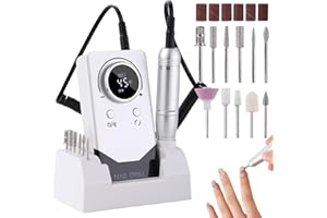 FLRONGSUN Electric 45000RPM Nail Drill Machine Rechargeable Portable Nail File Electric DIY Nail Drill Kit with Smart LCD Screen for Gel Nail Manicure and Pedicure Reflective Body etc (White)