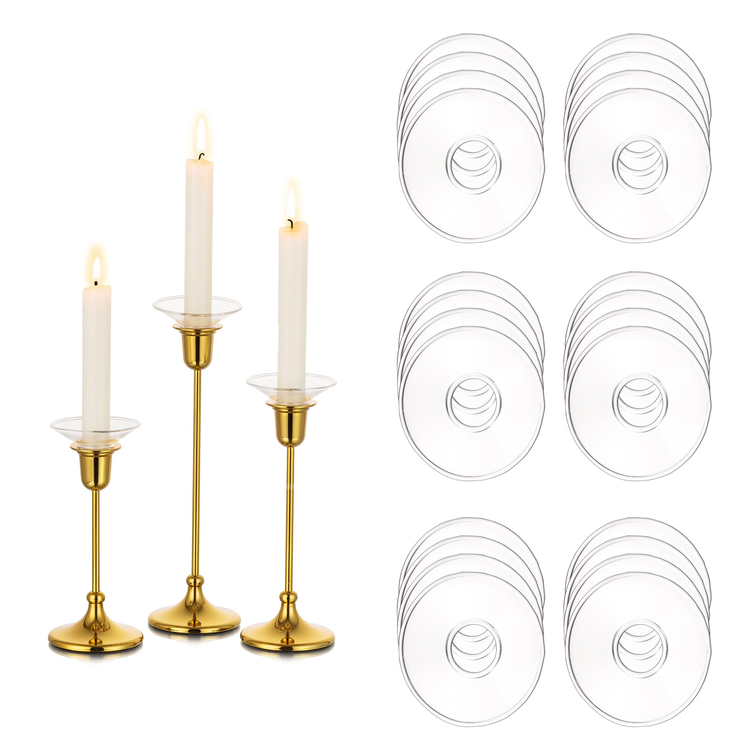 Glasseam Clear Ring Candle Sticks Holder, Taper Candle Holder Glass Bobeche Set of 24, Round Candle Protector for Christmas, Wedding Centrepiece
