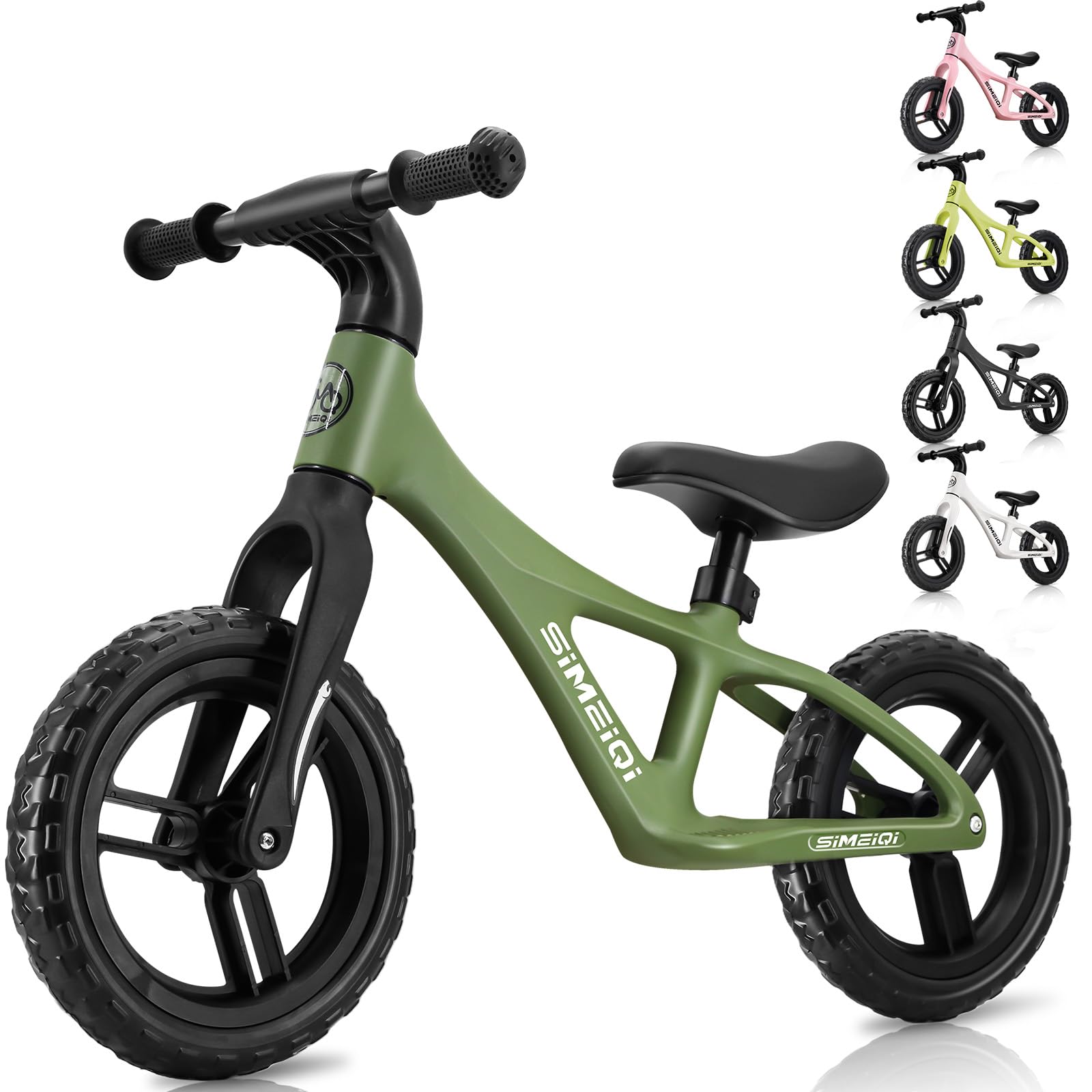 SIMEIQI 12 Inch Kids Balance Bike for Boys Girls Ages 2-5 Years Old Sports Training Lightweight Fibreglass Nylon Frame Balance Bike Adjustable Seat (Army green)