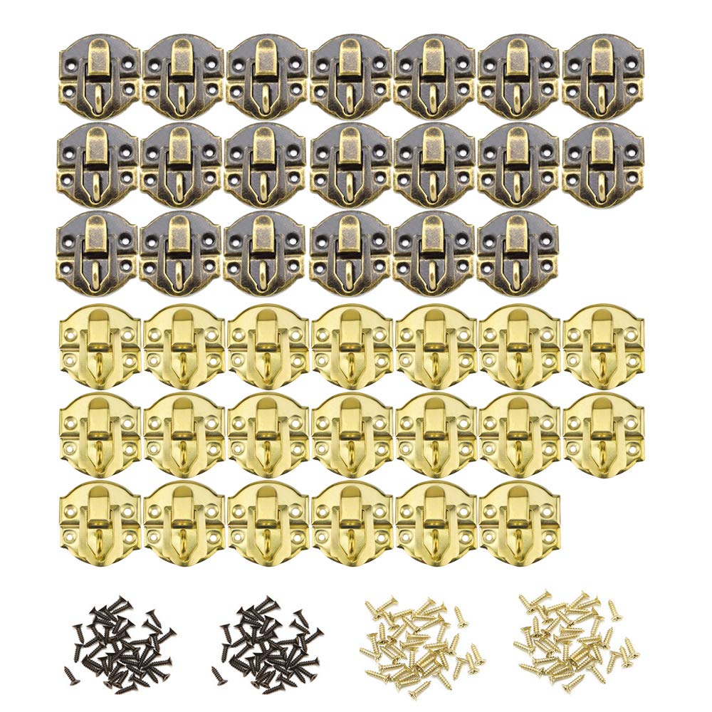 HOWDIA 40pcs Antique Brass Latch Lock Gold Hasp, Decorative Small Hinges and Latches for Wood Boxes Jewelry Box Cabinet with Screws(20 Bronze + 20 Golden