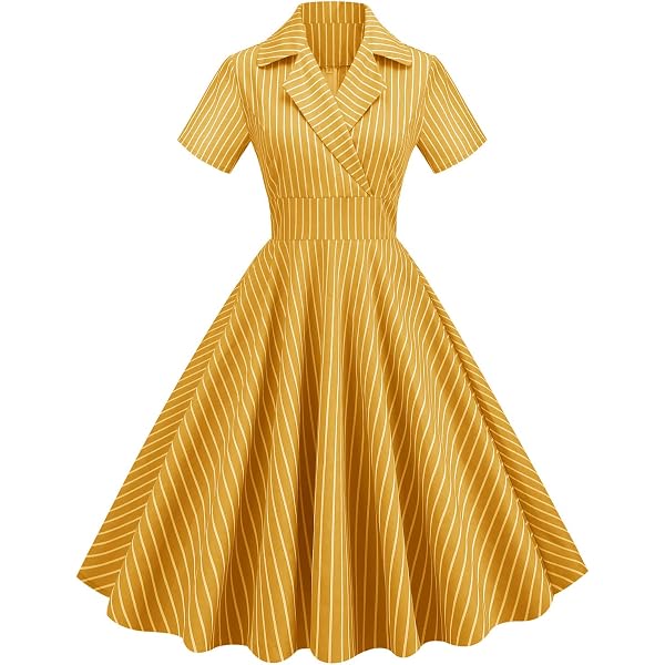 Women Vintage Notched Collar Bow Front Yellow Striped Dress 40s 50s Pleated  Dress Short Sleeve Midi Dresses Yellow S at Amazon Women's Clothing store
