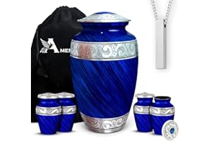 AMERICURN Set of 6 Eternal Blue Decorative Cremation Urns for Ashes Adult Male & Female Includes 1 Large Urn with 4 Small Keepsakes & 1 Necklace for Human Ashes