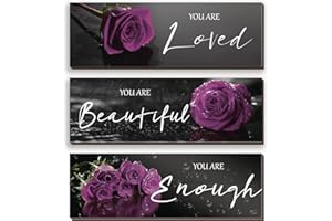 ZINYAZHE 3 Pieces Purple Roses Wall Decor Inspirational Purple Bathroom Decor Wooden Wall Art Positive Quotes You Are Loved You Are Beautiful You Are Enough for Teen Girls Women Bedroom(Purple Rose12 x 4 Inch)