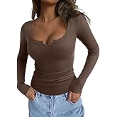 REORIA Womens Long Sleeve Scoop V Neck Shirts Ribbed Knit Slim Fitted Tops Trendy 2025 Fall Basic Tees Going Out Blouse
