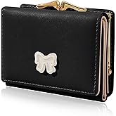 Denovin Small Wallets Woman, Cute Tri-fold Coquette Bow Wallet for Women, Credit Card Coin Holder Purse with Kiss-lock for Key Cash Change (Black)