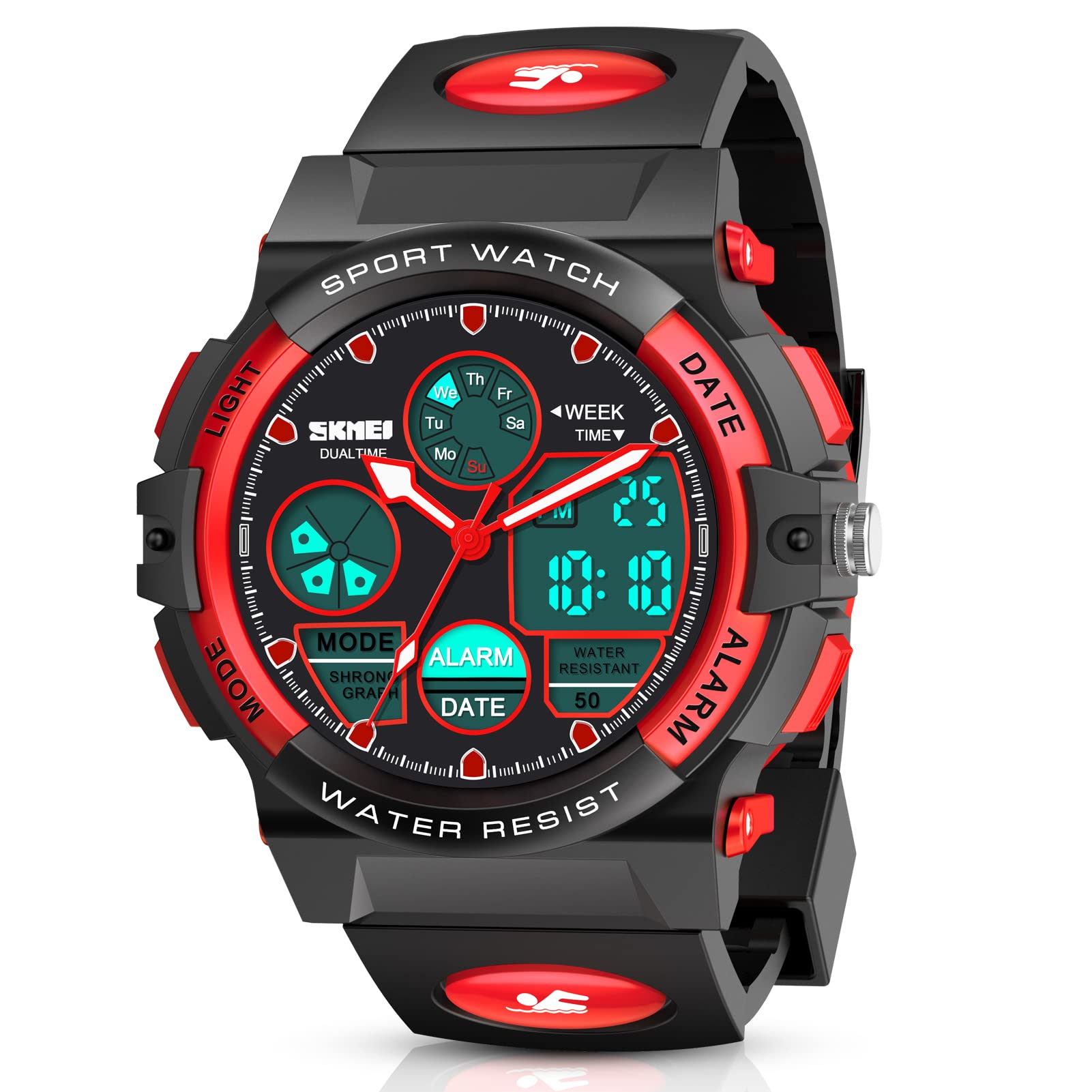 Dislocati Boys' Waterproof Digital Sports Watch for 4-14 Year Old Kids, LED Night-Light, Stopwatch, Alarm, 50M Water Resistant, Red, Black Silicone Strap