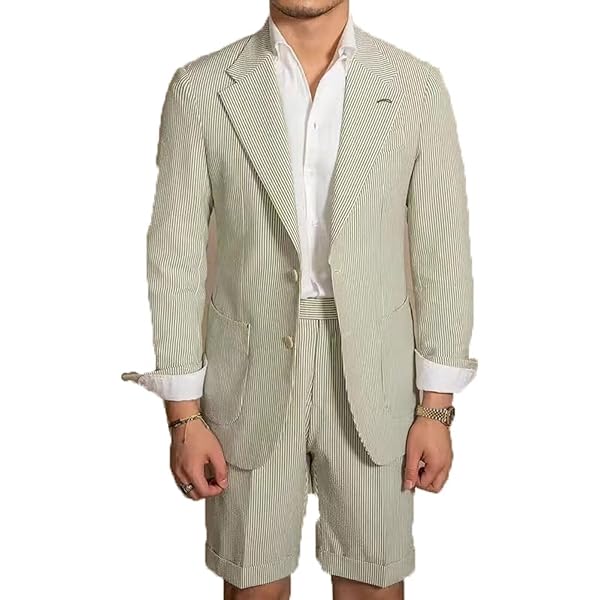 Mrbuerly Mens Seersucker Suits Dark Green Striped Summer