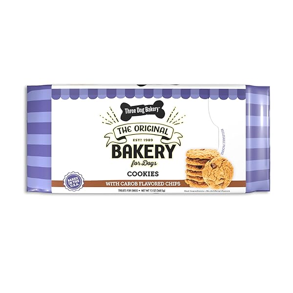THREE DOG BAKERY COOKIES WITH CAROB FLAVORED CHIPS, PREMIUM TREATS FOR DOGS, 13 OUNCE PACK (114033)