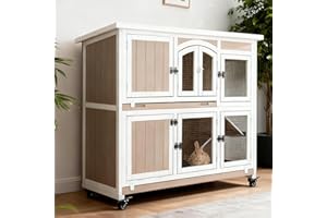 MAGAZOOPET 2 Story Rabbit Hutch Indoor Outdoor Wooden Bunny Cage with Chew-Anti Metal Strip Wheels Removable Deeper Pull-Out Trays Guinea Pig Cages Waterproof Roof for Multiple Small Animals