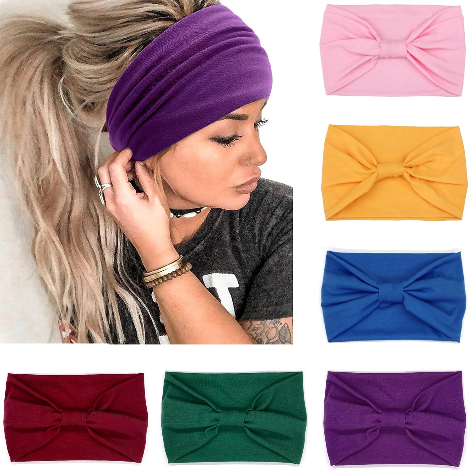 VENUSTE Wide Headbands for Women's Hair, Fashion Knotted Head Bands for Adult Women Hair Accessories, 6PCS (Bright Color)
