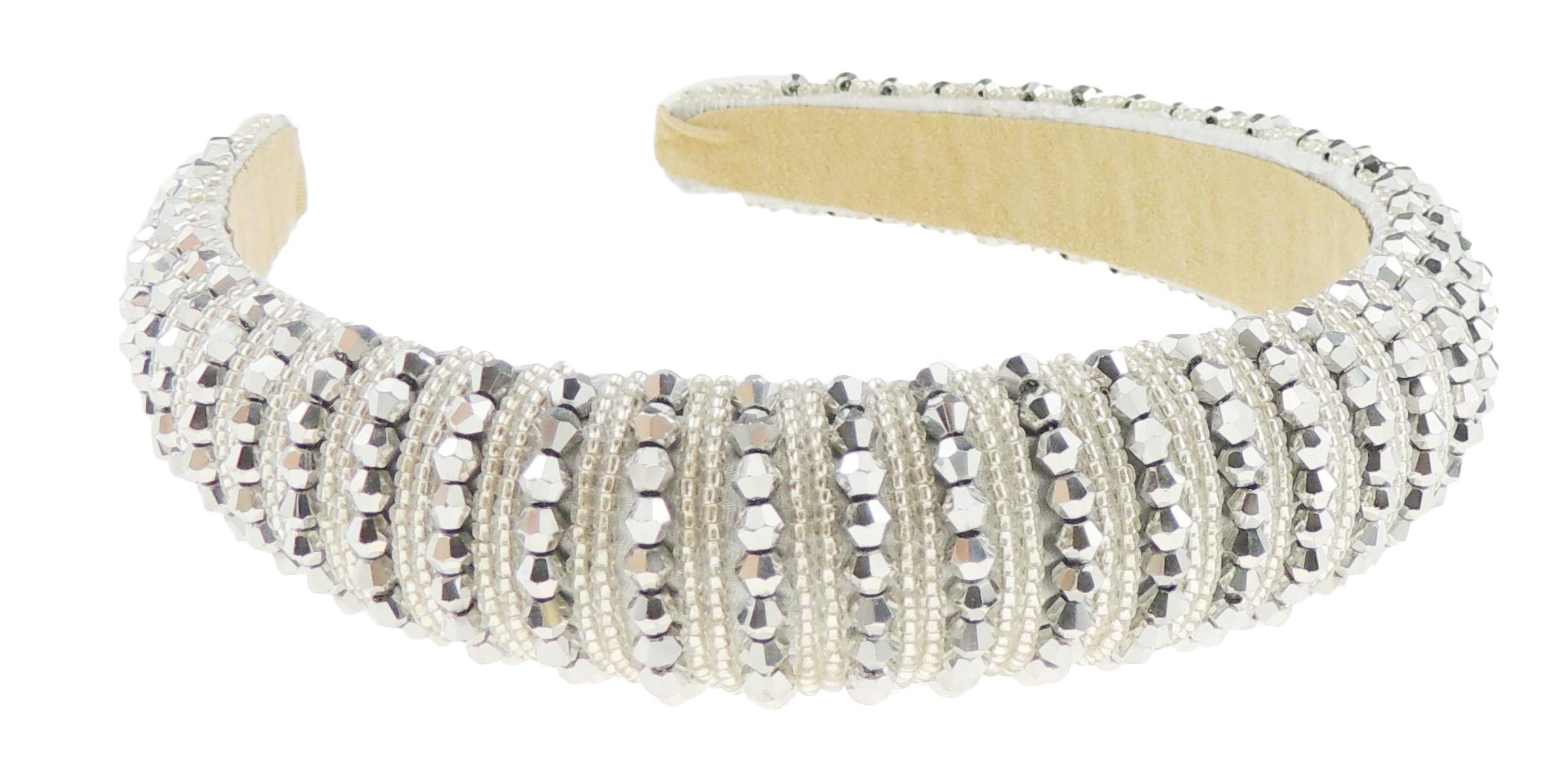 Womens Sparkly Beaded Rhinestone Embellished Jeweled Crystal Wide Bump Thick Padded Evening Formal Occasion Christmas Birthday Wedding Bridal Party Headband Hair Alice Band Hairband (Silver)