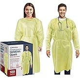 MEDICAL NATION 100 Pack Disposable Isolation Gowns - Yellow Level 2 SMS Non-Woven Material - PPE Gowns Disposable for Dental, Medical Use, Fluid-Resistant and Latex-Free Gowns, Universal Size