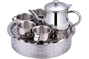 Kids Stainless Steel Tea Set with Filter Screen & Tray – Portable 330ml Long Spout Teapot with 4 70ml Cups for Children