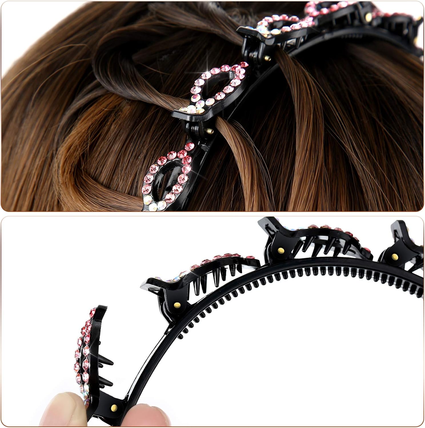 6 Pieces Double Layer Twist Plait Headband Double Bangs Hairstyle Hairpin Hollow Woven Headband with Clips Hollow Braided Hair Bands Zircon Beaded Headbands for Hair Accessories, 6 Colors - Image 5