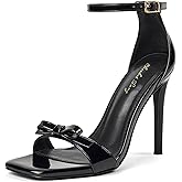Elisabet Tang Women's High Heels Sandals 4 Inch Ankle Strap Stilettos Square Open Toe Bowknot Heels Dressy Sexy Wedding Party Dating Work