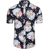 TUNEVUSE Mens Christmas Shirt Ugly Santa Claus Party Printed Short Sleeve Funny Casual Hawaiian Xmas Shirts Top