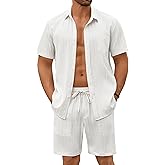 COOFANDY Mens Beach Outfits 2 Piece Sets Casual Short Sleeve Button Down Summer Textured Shirt