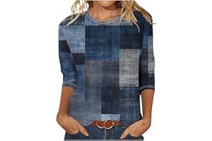 SMIDOW Womens Fashion Eyelet 3/4 Sleeve Shirts Fashion Printed Round Neck Leisure Shirt Tops Loose Comfortable Tunics Blouse