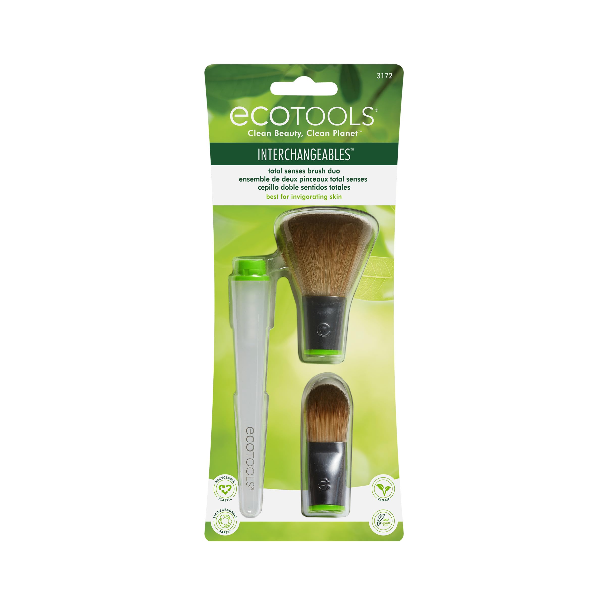 Total Senses Brush Set - Includes 2 Interchangeable Heads and Handle - Strongly Packaged Bristles for Uniform and Streak Free Foundation - Vegan Product - ECOTOOLS
