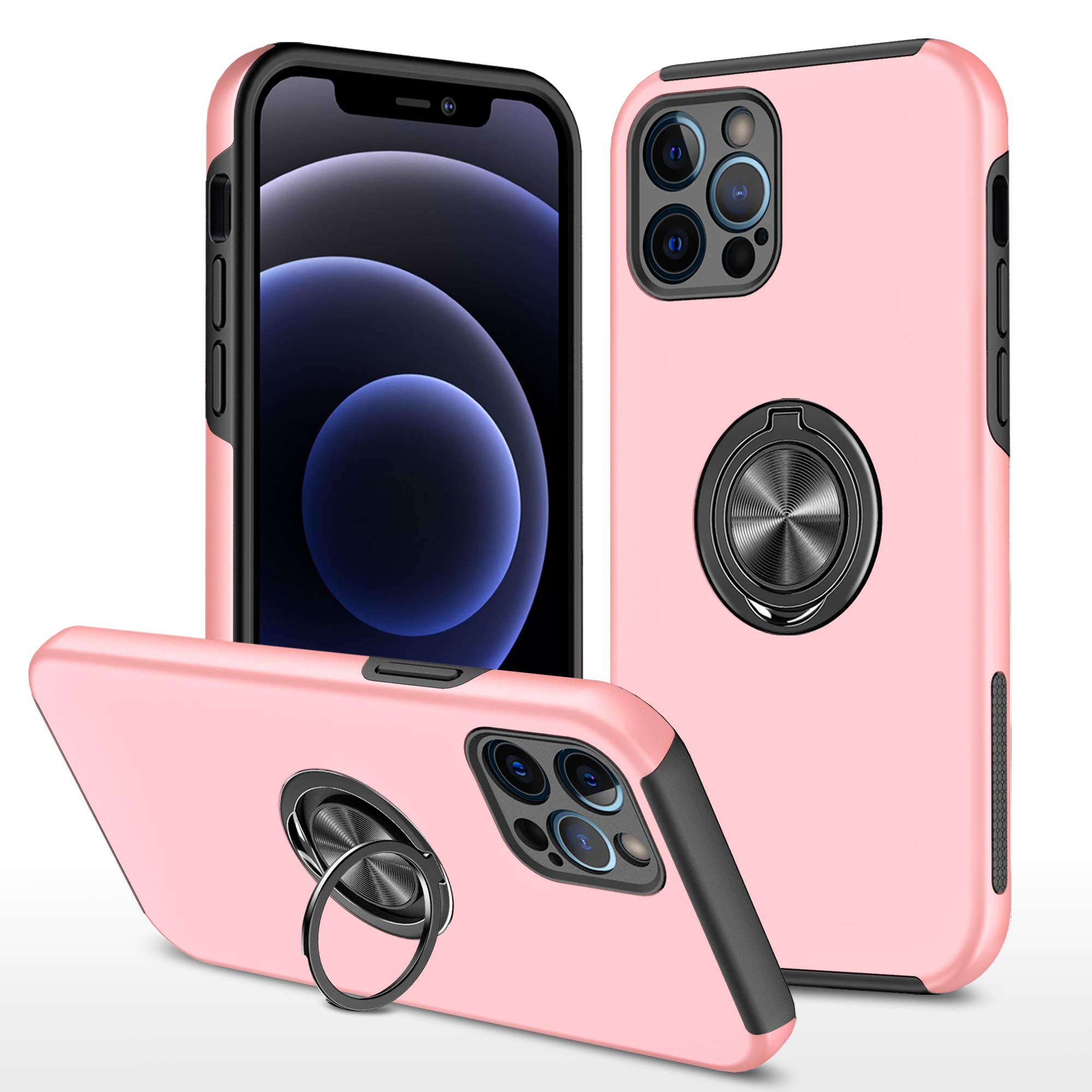 iPhone 14 Pro Case 6.1-Inches, iPhone 14 Pro 5G Phone Case with 360 Rotation Ring Holder Kickstand Shockproof Military Grade Protective Case Tough Armor Hard Cover for iPhone 14 Pro, Rose Gold