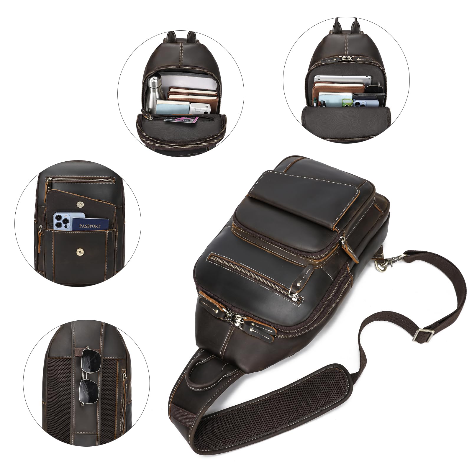 LANNSYNE Full Grain Leather Casual Sling Bag For Men Hiking/Travel/Business Crossbody Chest Bag Fits 12.9