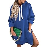 SHEWIN Women's Oversized Casual Pullover Long Sleeve Split Hem Drawstring Hoodies Dress With Kangaroo Pocket