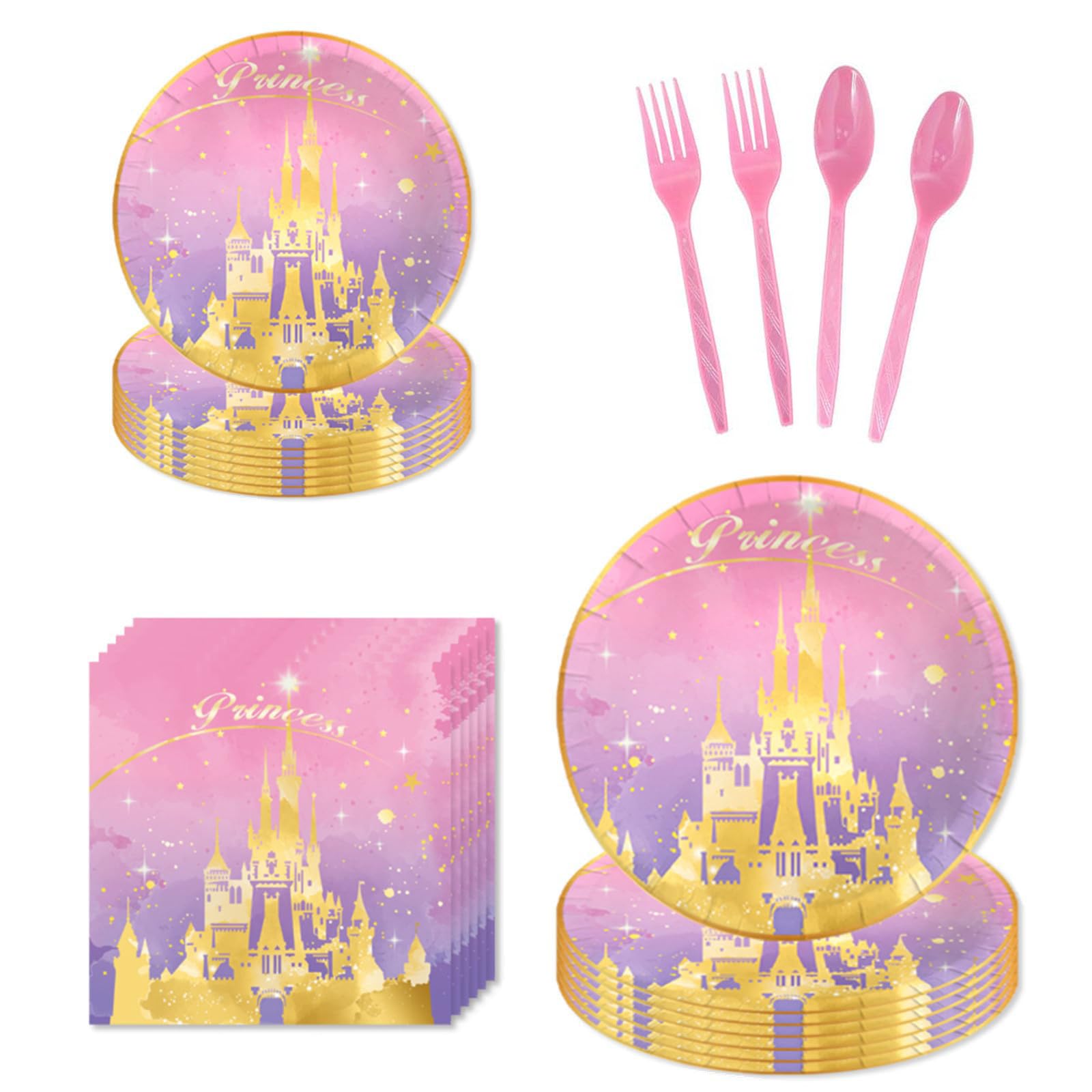 Photo 1 of ** NO PLASTICWARE**
120pcs Cartoon Princess Castle Birthday Party Set Supplier for Plates, Napkins, Forks, Spoons and Tablecloth, Pink Party Packs (Plate Set)