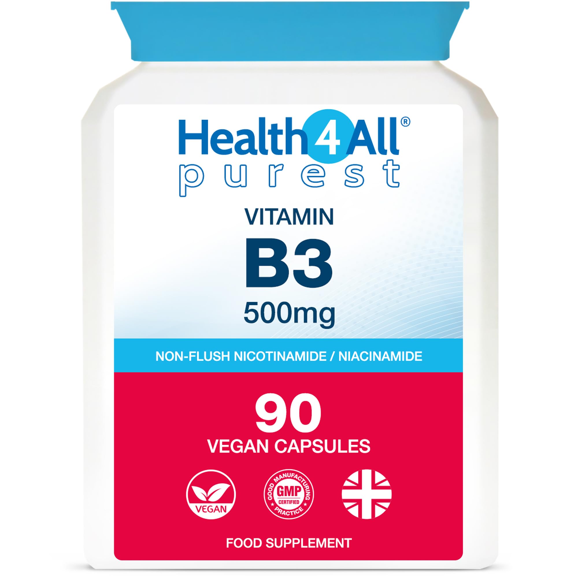 Health4All Vitamin B3 Niacin as Nicotinamide (Niacinamide) 500mg 90 Capsules, Purest, No Additives, Vegan, Gluten Free No-Flush Niacin VitB3 Capsules | Made in UK