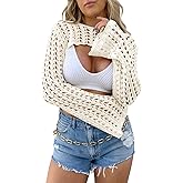 Langwyqu Women's Crochet Crop Tops Y2k Long Sleeve Crewneck Shrug Hollow Out Summer Beach Cover Ups