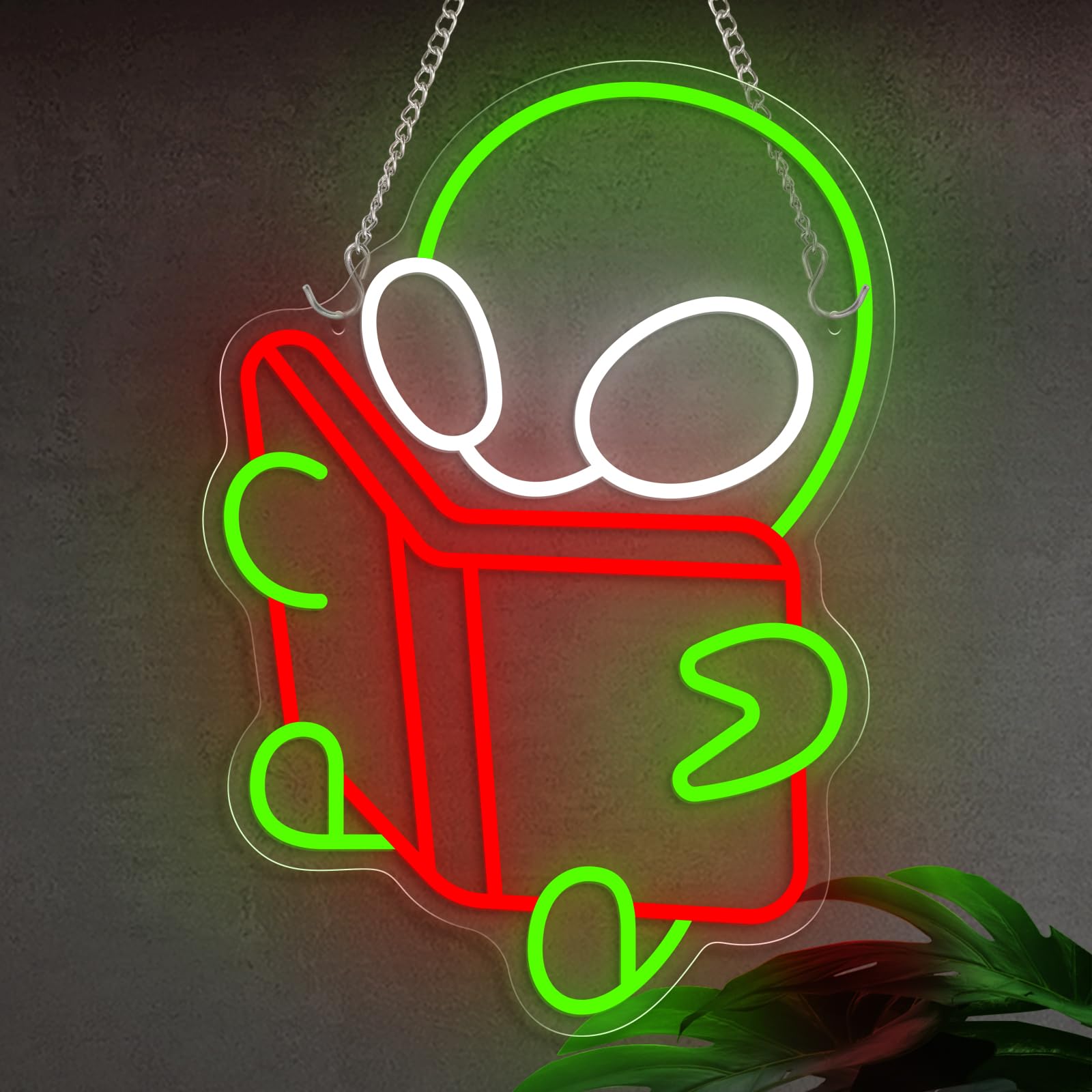 Photo 1 of Alien Reading Book Neon Sign for Wall Decor, Neon Light for Bedroom LED Light Up Sign Creative Aesthetic Room Decor, USB Dimmable Backdrop Home Party Birthday Gift for Kids Boys Girls