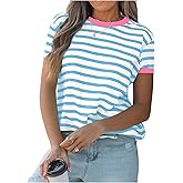 SHENHE Women's Summer Top Crew Neck Short Sleeve Striped Tshirt Color Block Fashion Top Tee