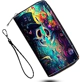 DSRGRGFDJ Leather Wallet for Women,Large Capacity RFID Blocking Clutch,Zip Around Purse with 42 Card Slots,Bill Compartments Coin Pocket-Day of The Dead Sugar Skull