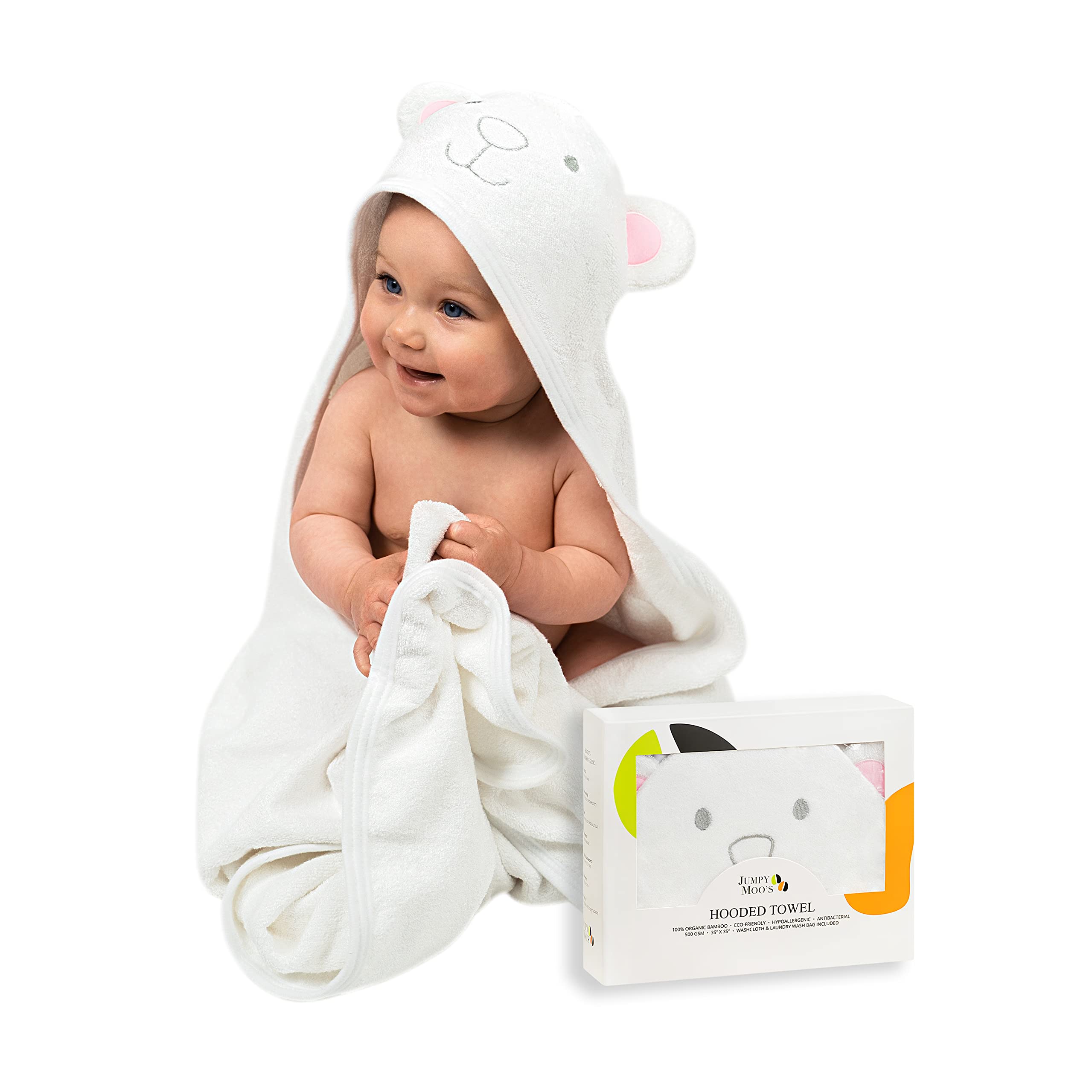 JM Premium Soft Hypoallergenic Baby Hooded Towel - 100% Organic Bamboo Baby Towels Newborn, Baby Bath Set - 35x35 inches, Cute Designs, Newborns to Kids Up to 5 Years - Pink Bear