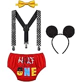 IBTOM CASTLE 1/2 / First Birthday Outfit for Baby Boy Cake Smash Mouse Wild One Party Clothes Set Suspenders Bowtie Costumes