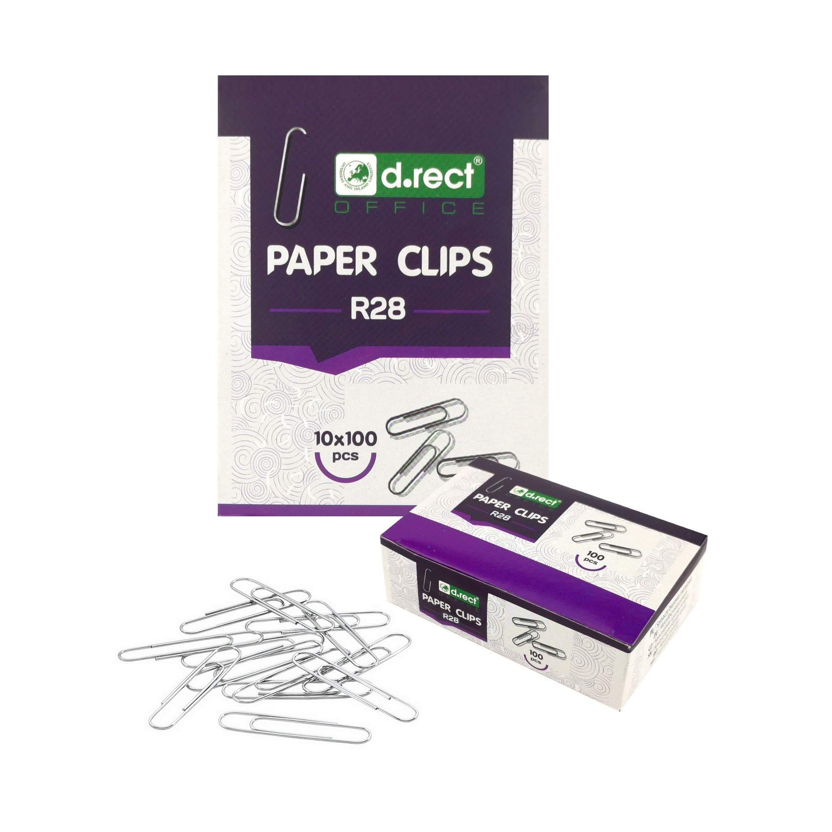 D.RECT Paper Clips 28 mm – 1000 Pack Galvanised Metal – Silver Wire Clips for Office, School & Home – Eco Packaging 10x100 – Document & Photo Binder Clips