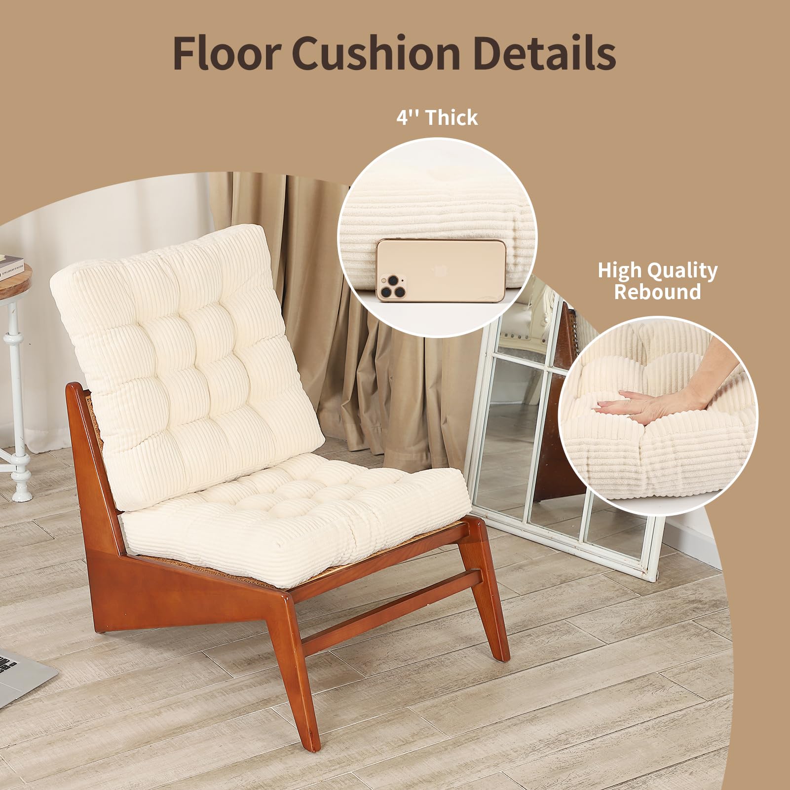 LOVMOC 22 inches Meditation Pillow, Square Large Floor Cushions for Adults, Thick Corduroy Floor Pillows for Sitting, Yoga, Living Room, Sofa, Tatami, Beige - Image 4