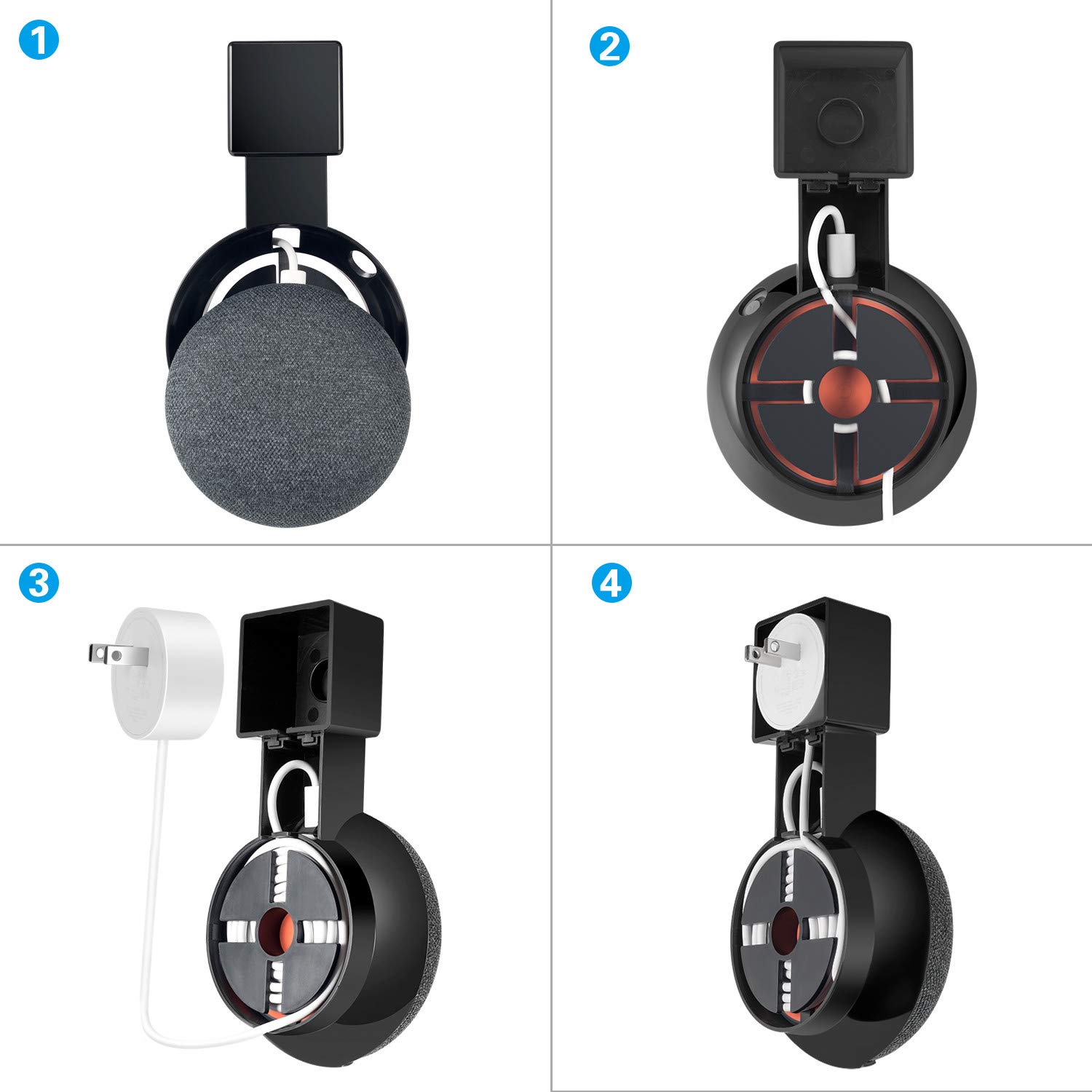 FeiYen Mini Back Pack, Outlet Wall Mount Hanger Stand Backpack for Home Mini Voice Assistants by Google, clean and simple genie plug in Kitchen Bathroom Bedroom Garages and Office (Black)