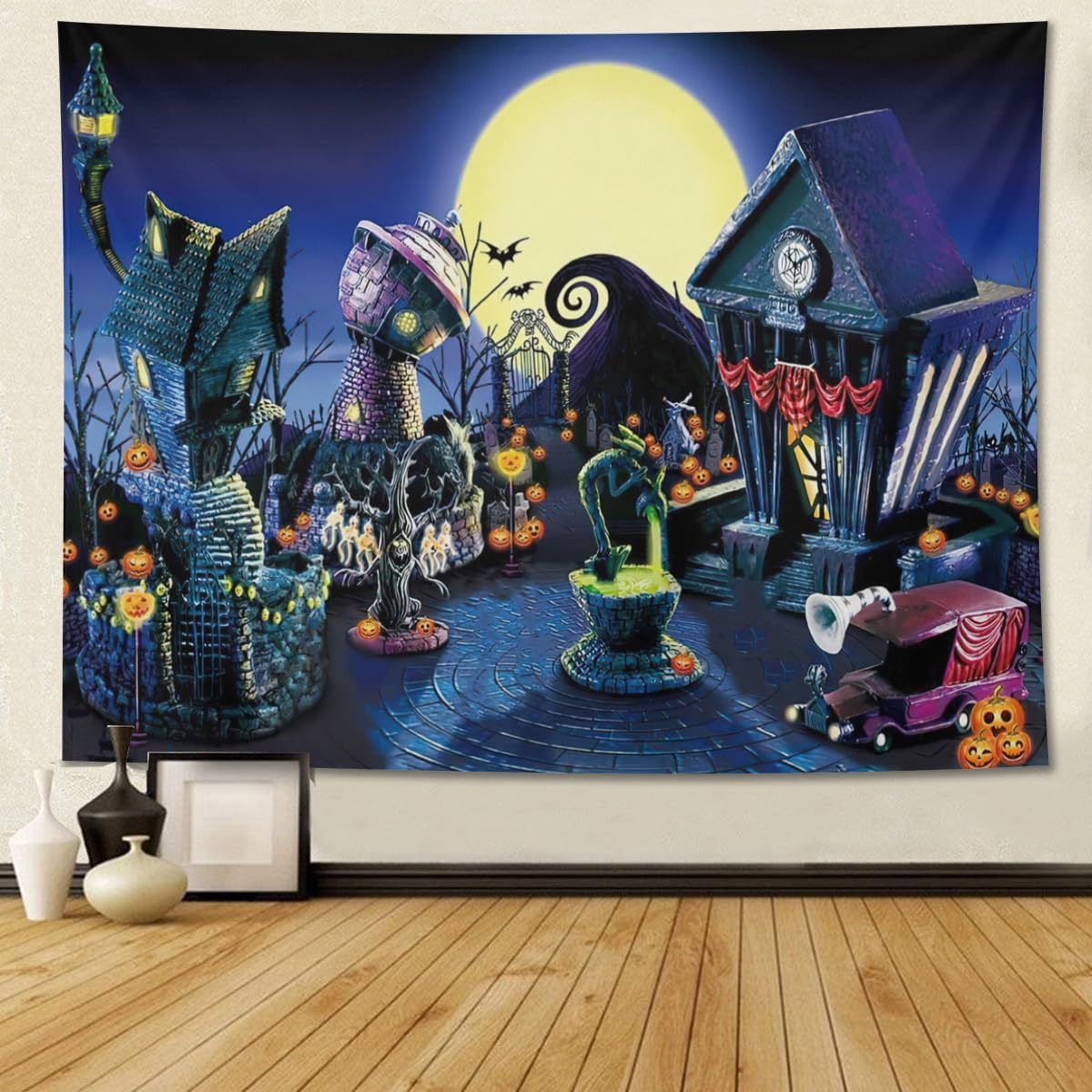 Tapestries - Apiawa Full Moon Tapestry Nightmare Themed Party Backdrop Before Christmas Photography Night and Pumpkins Decoration Wall Hanging for Living Room Bedroom Dorm Decor for Halloween 60