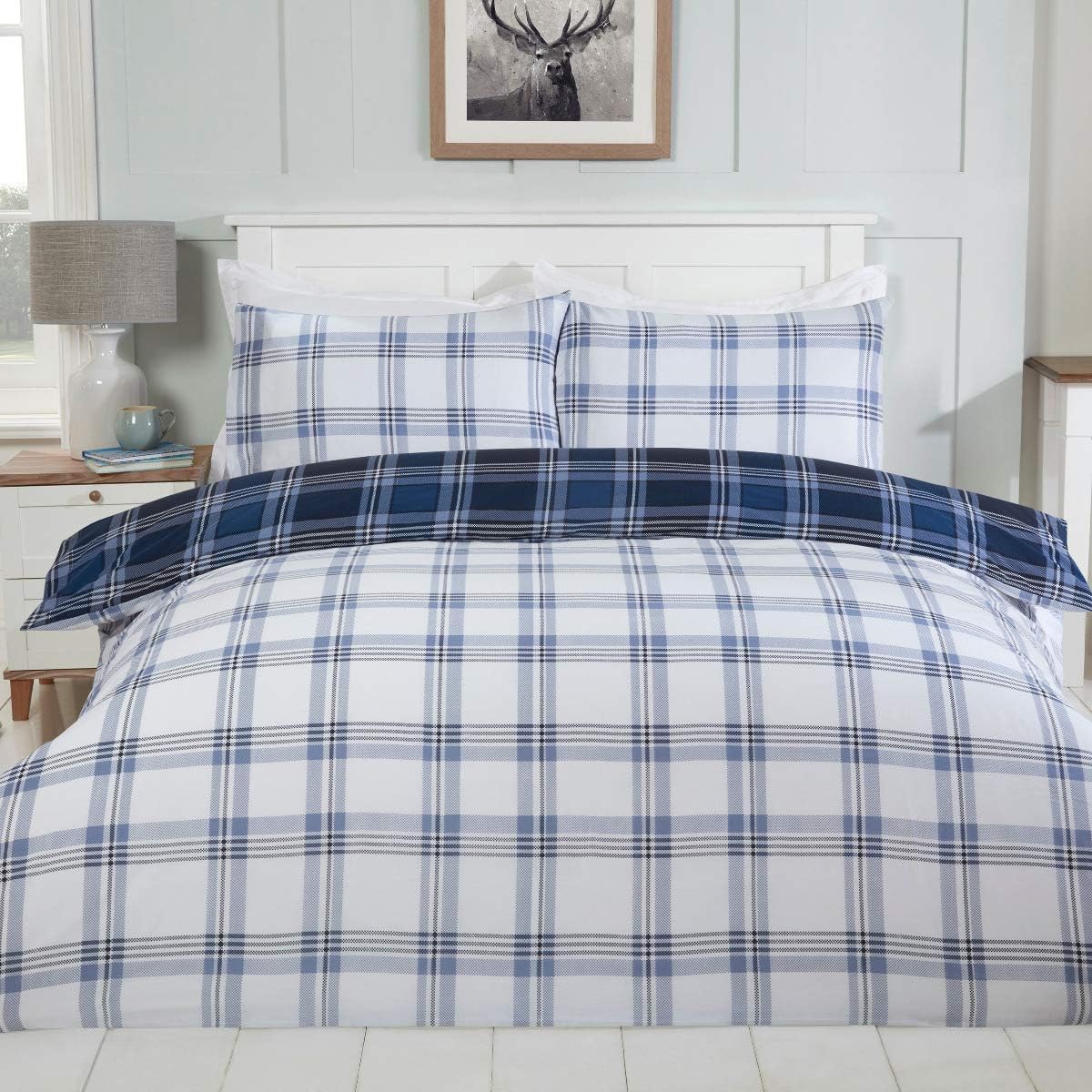 Sleepdown Tartan Check Navy Blue White Reversible Soft Easy Care Duvet Cover Quilt Bedding Set with Pillowcases - Double (200cm x 200cm) - Image 3