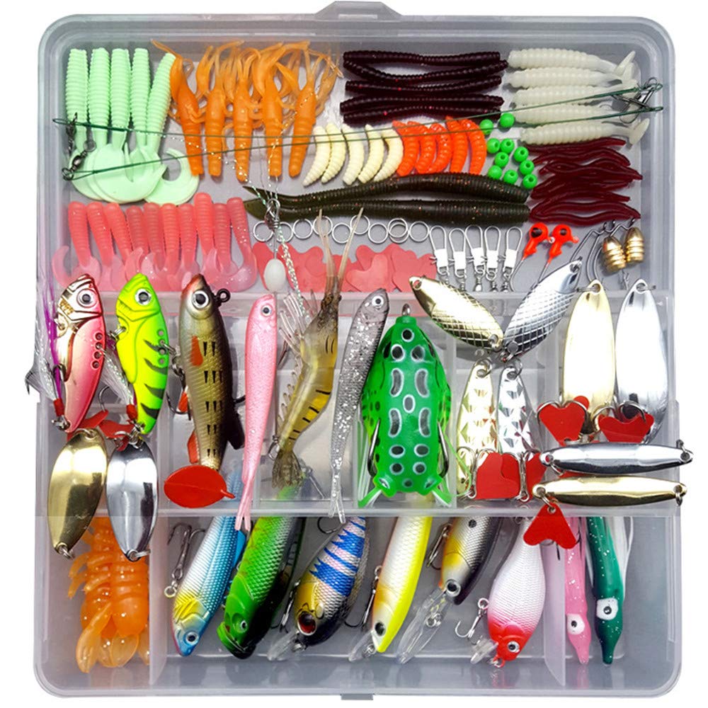 JasCherry Artificial Fishing Bait Kit with a tackle box Contains Spinnerbaits Rotary Baits, Plastic Worms, Frogs, Single Hooks, Swivels, Tongs, etc.