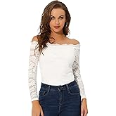Allegra K Off Shoulder Lace Top for Women's Sheer Long Sleeves Slim Fit Casual Blouse