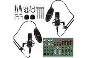 SQUAROCK Podcast Equipment Bundle for 2 - Audio Interface DJ Mixer with Podcast Microphone Audio Mixer For Live Streaming Recording Interview