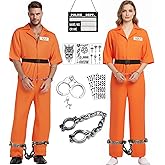 Prisoner Costume for Men Women, Orange Prison Jumpsuit Inmate Costume Halloween Jail Criminal Outfit and Accessories