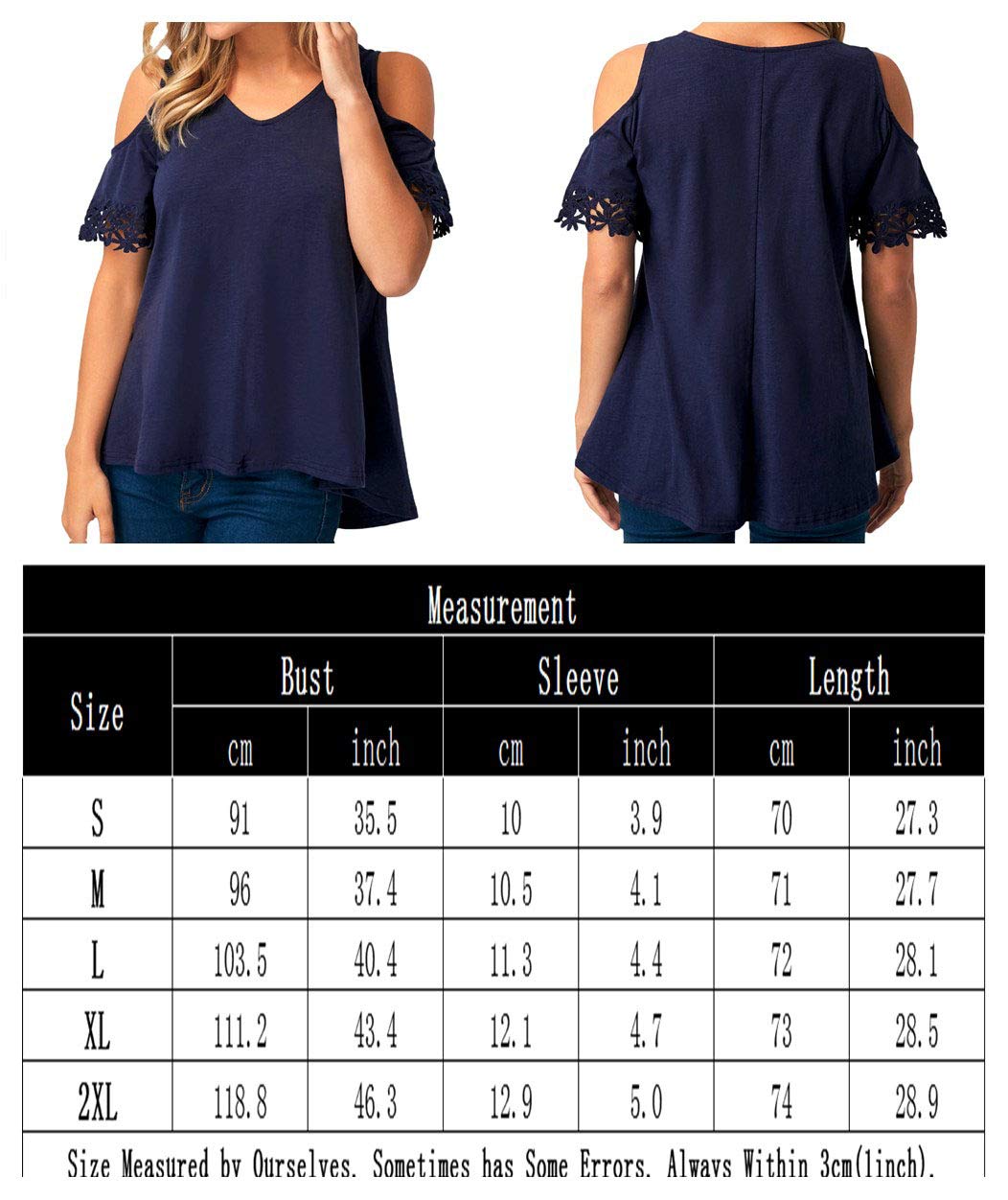 Women\'s Cold Shoulder Tops Stylish Lace Short Sleeve Tunic Loose V Neck Summer T Shirts (XL, Navy Blue)