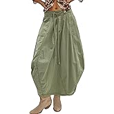TERIVEEK Women Poplin Midi Skirt Baggy Drawstring Mid Rise Parachute Skirt Y2k Cargo Maxi Long Skirt with Pockets Streetwear