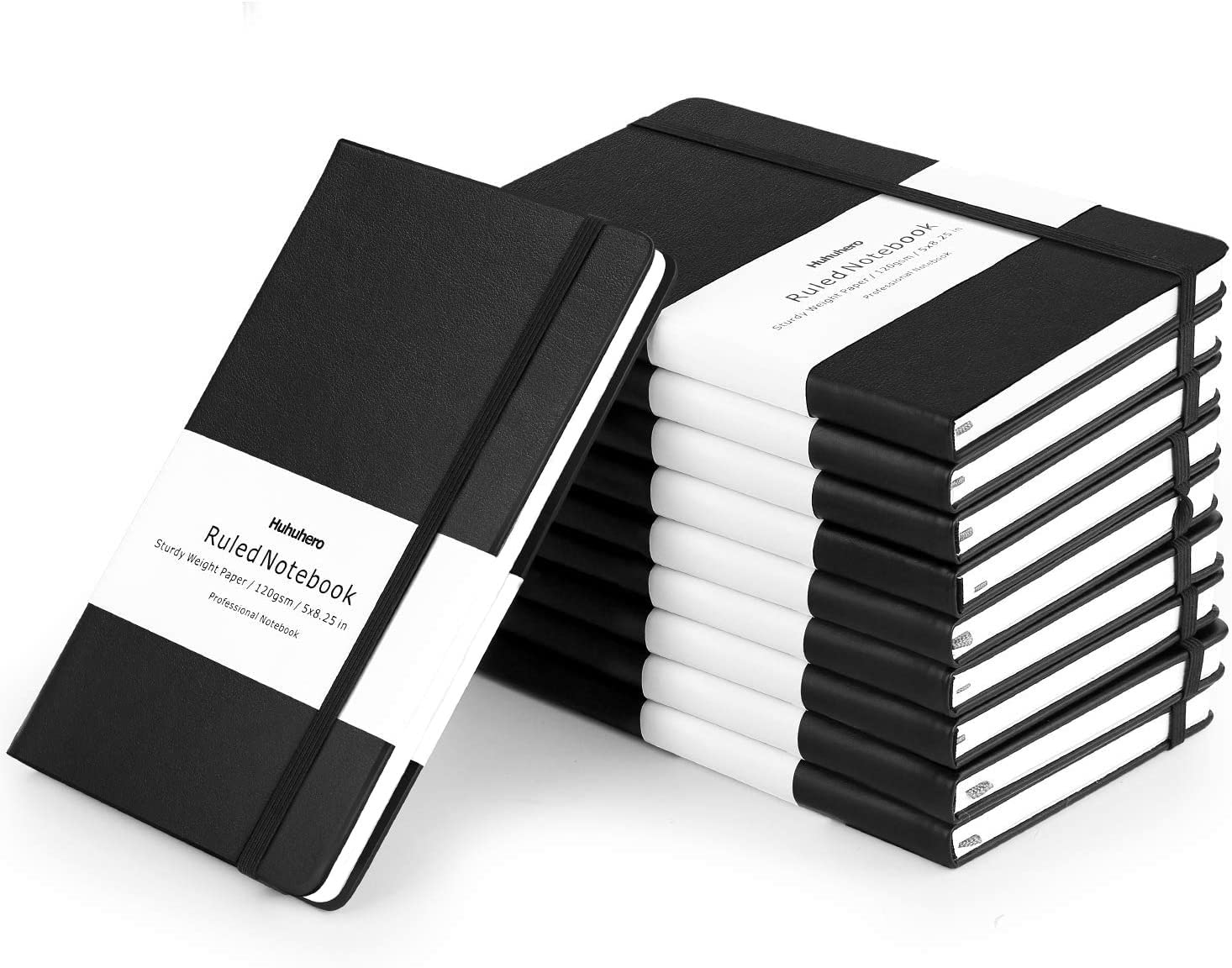 Huhuhero Notebook Journal, Classic Ruled Hard Cover Notebook, Premium Thick Paper with Fine Inner Pocket, Black Faux Leather for Journal Writing Note Taking Diary and Planner, 5"×8.3"(10 Pack)