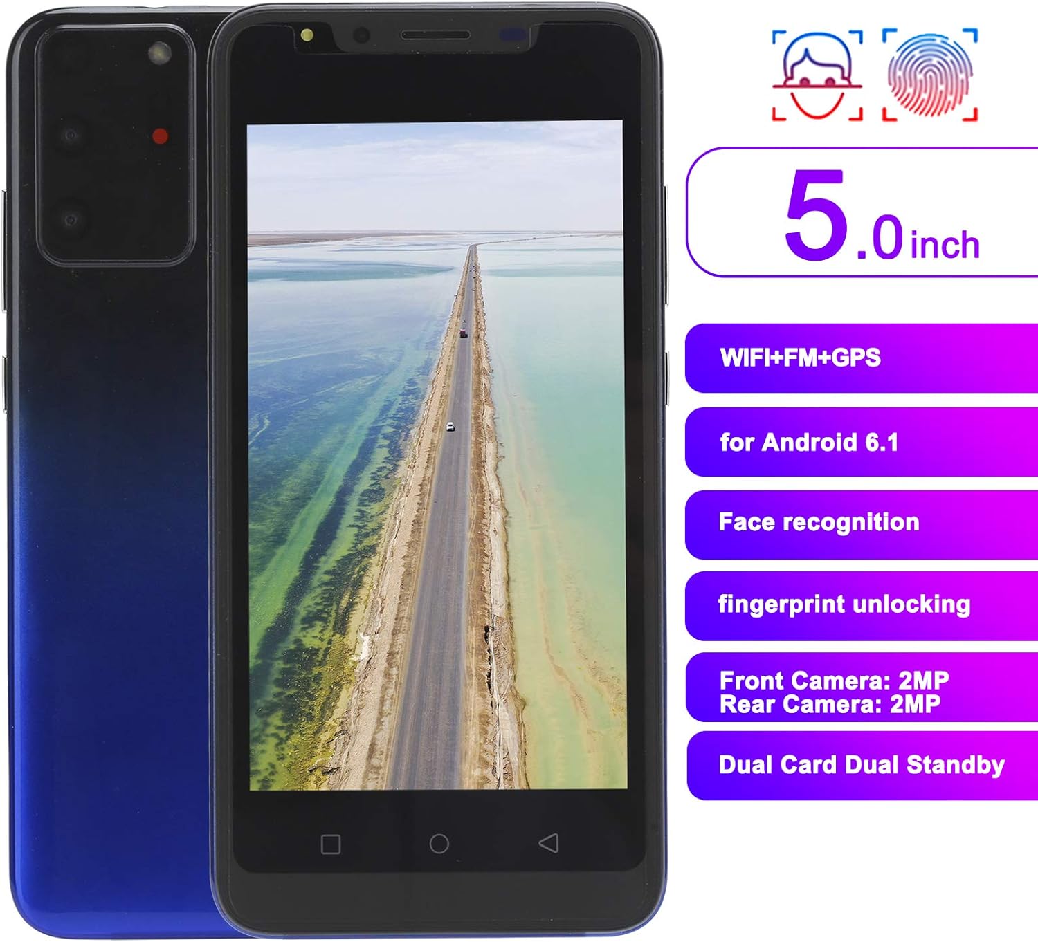 Amazon Co Jp 5 0インチフルスクリーンロック解除電話 指紋idと顔認識スマートフォン デュアルカードデュアルスタンバイ Android用512mb 4gb画面携帯電話 2mpフロント リアカメラ 青い 家電 カメラ